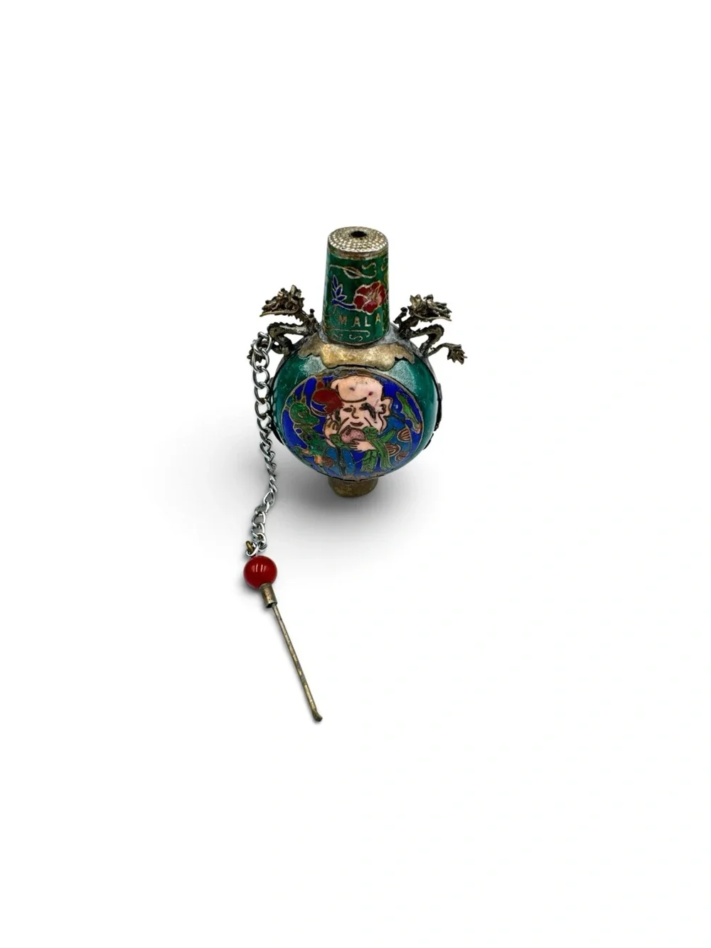 Vintage Malaysia Cloisonné Snuff Bottle Double Dragon Figural 4”